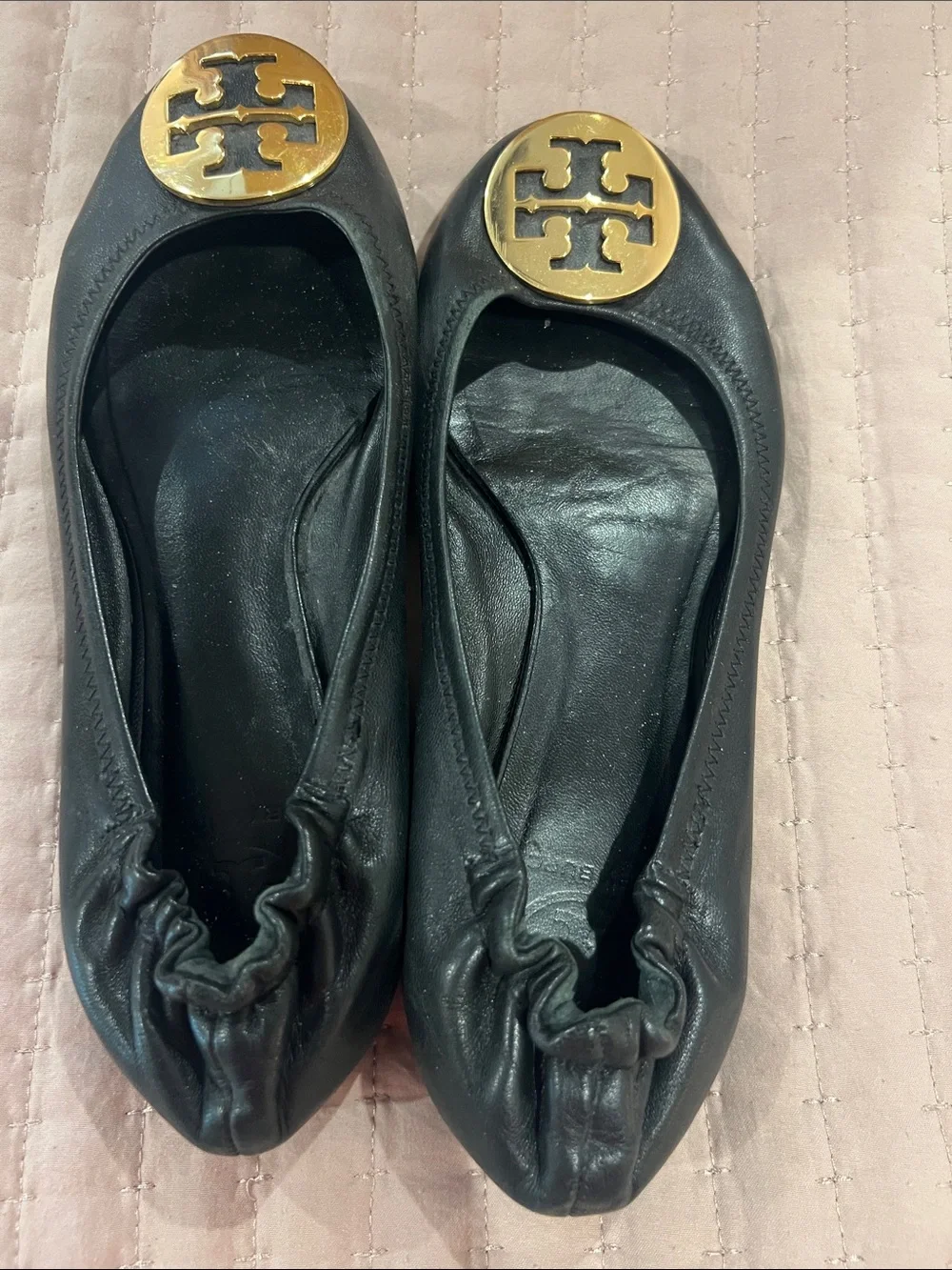 Tory Burch Black Ballet Flats with Gold Logo